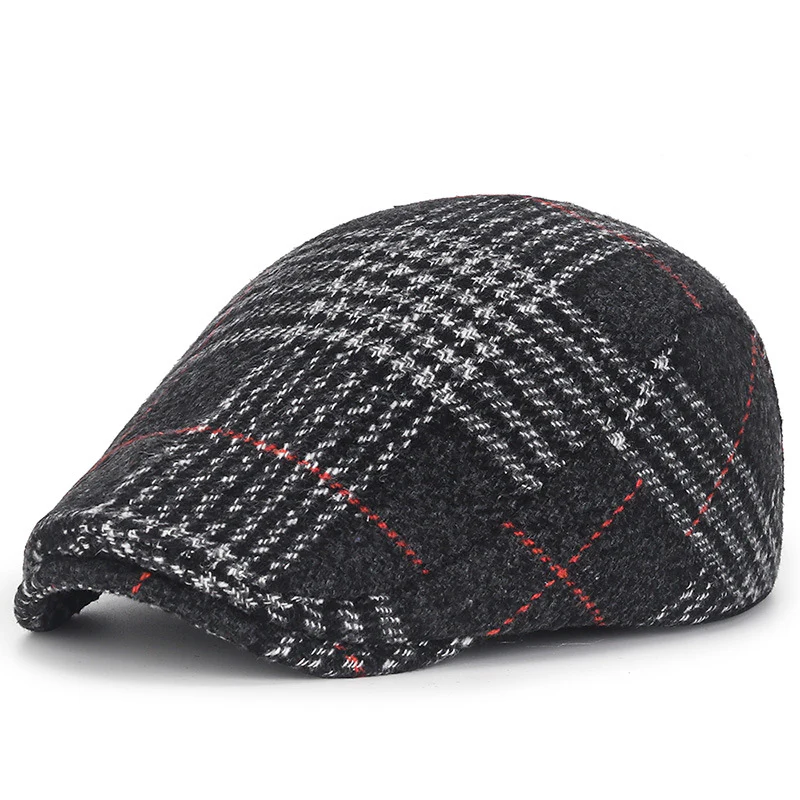 The same woolen red line plaid cap for men and women - Image 3