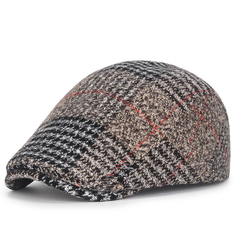 The same woolen red line plaid cap for men and women - Image 6