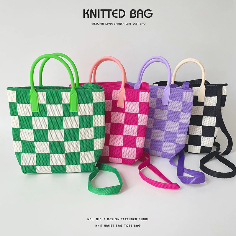 Black and white checkerboard knit tote - Image 3