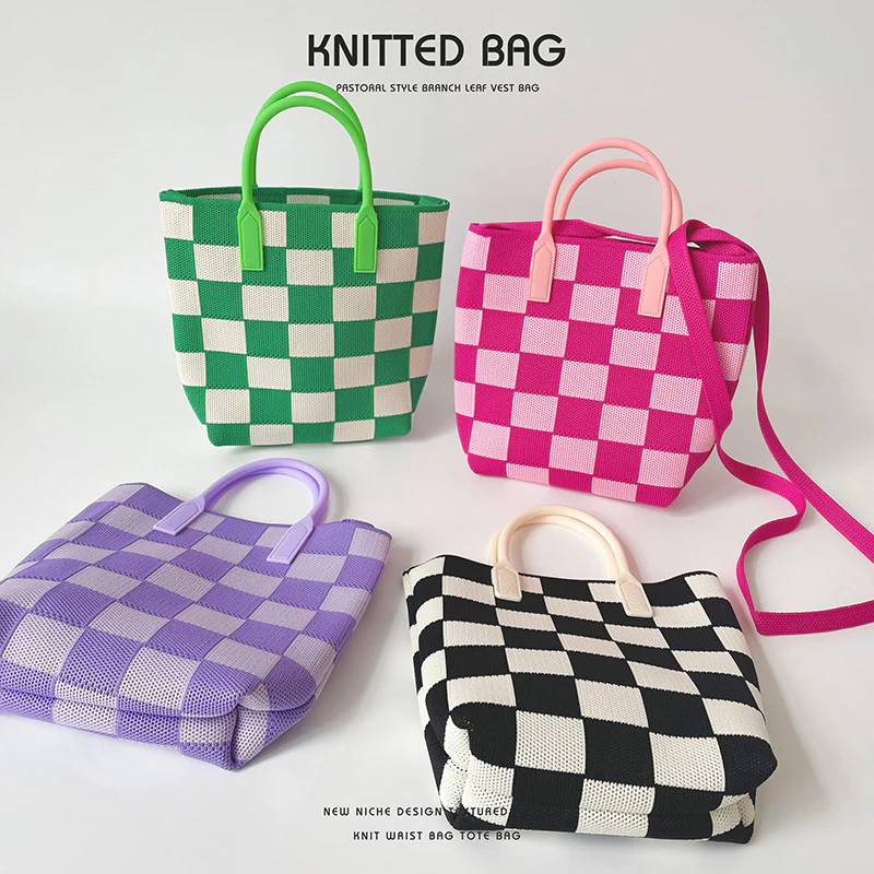 Black and white checkerboard knit tote - Image 4