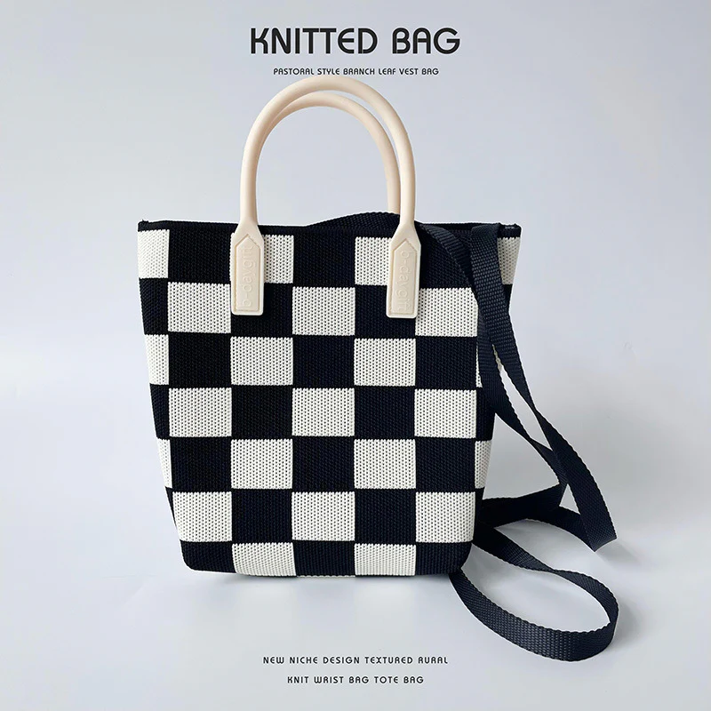 Black and white checkerboard knit tote - Image 7