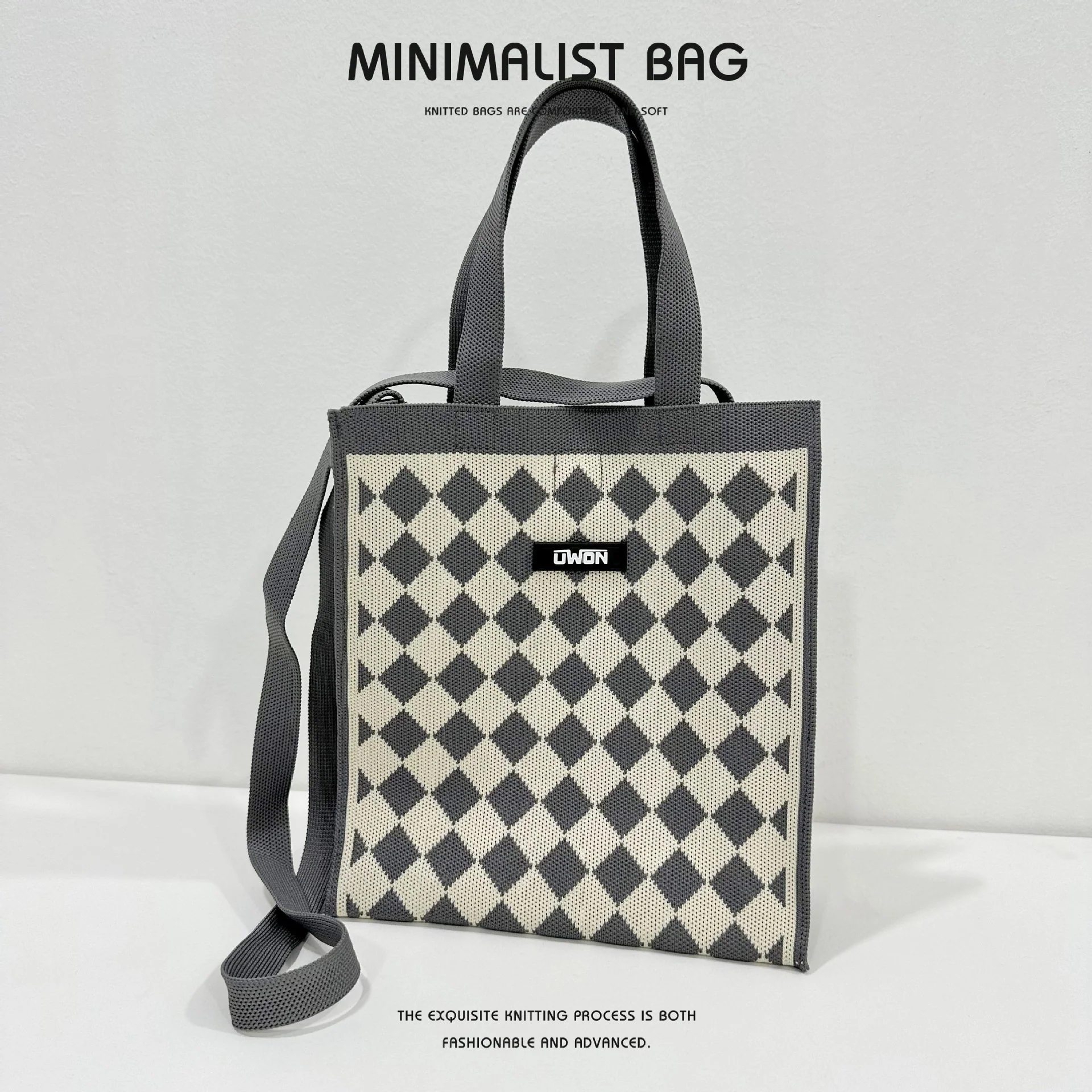 Black and white diamond knitted shoulder bag - Image 11