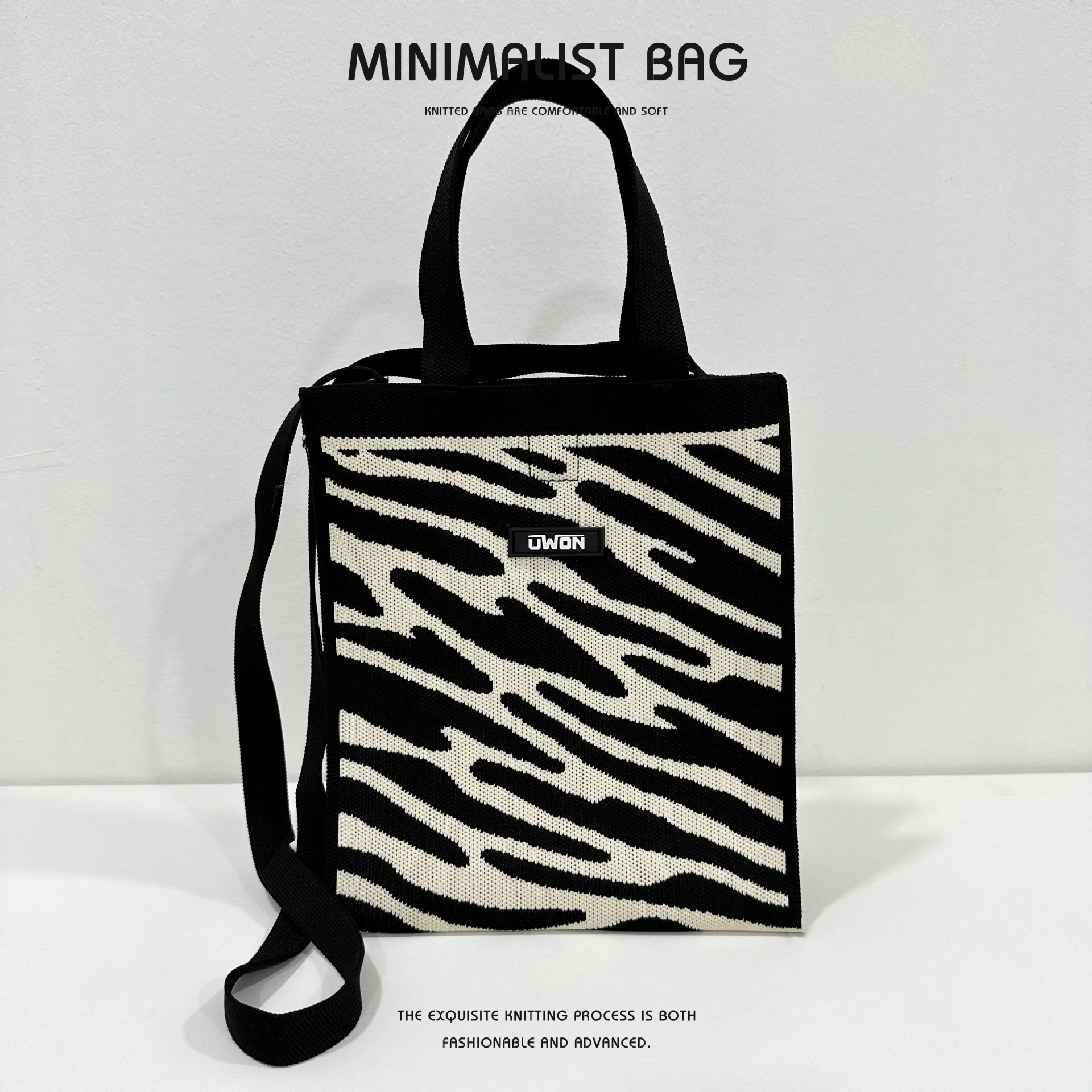 Black and white diamond knitted shoulder bag - Image 7