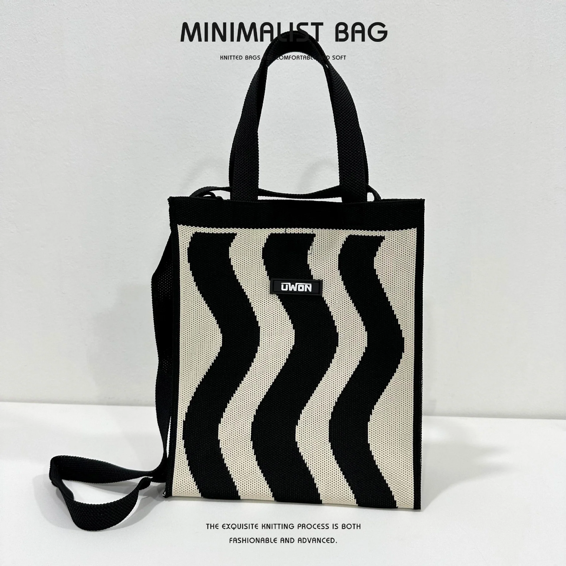 Black and white diamond knitted shoulder bag - Image 8