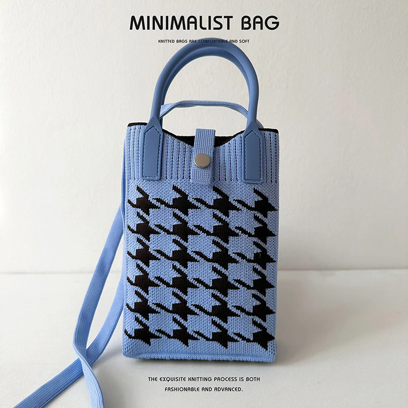 Black and White Houndstooth Mini Knit Phone Bag - Image 10