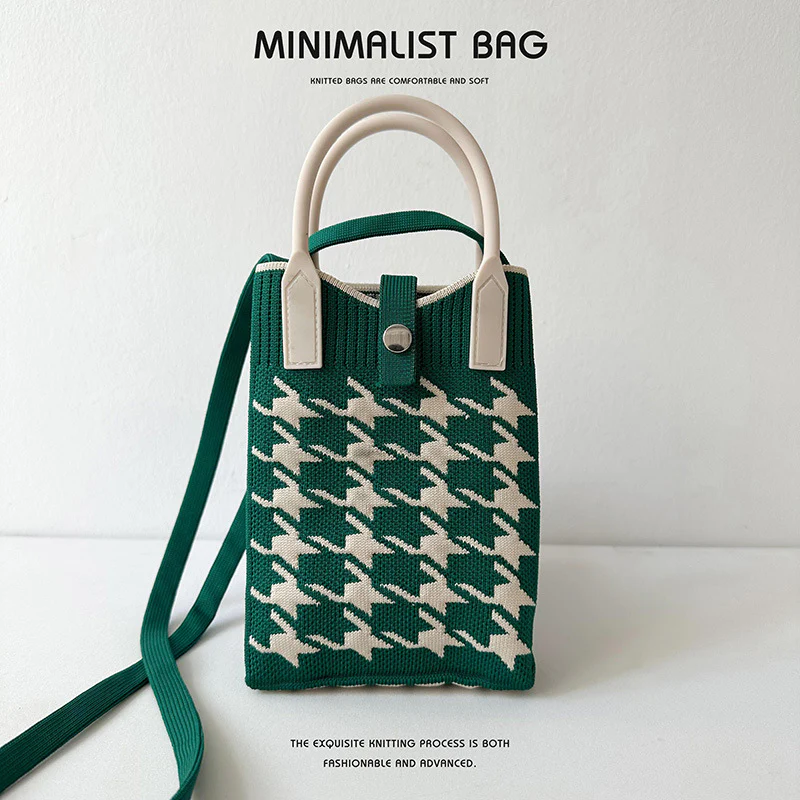 Black and White Houndstooth Mini Knit Phone Bag - Image 11