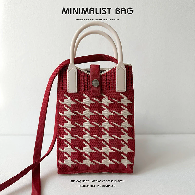 Black and White Houndstooth Mini Knit Phone Bag - Image 8