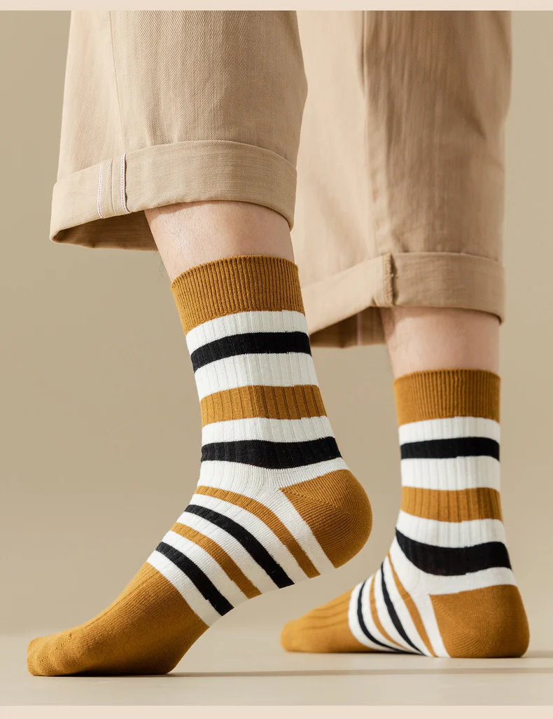 Breathable Sweat Absorbing Men's Mid-Calf Length Sock Striped Colors Retro Socks - Image 10