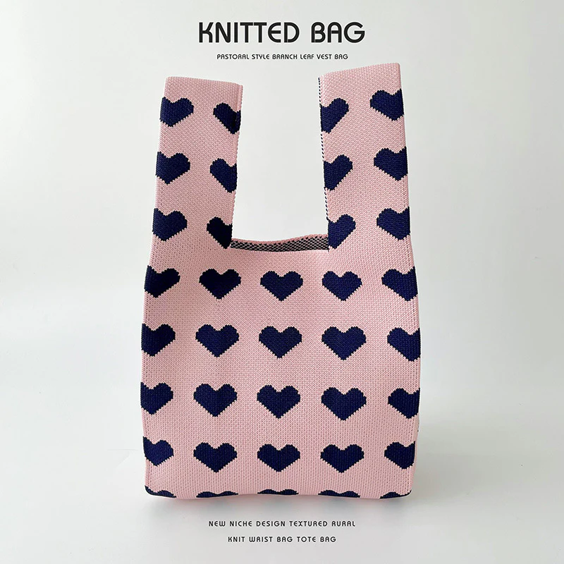 Contrast color heart knitted shoulder bag handbag knitted bag - Image 7