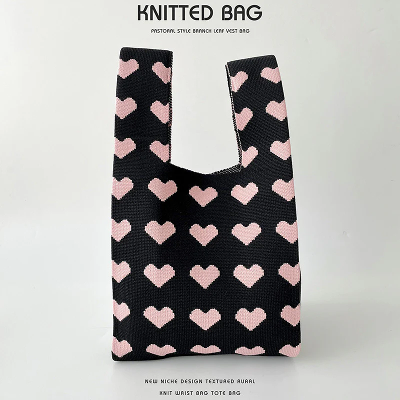 Contrast color heart knitted shoulder bag handbag knitted bag - Image 9