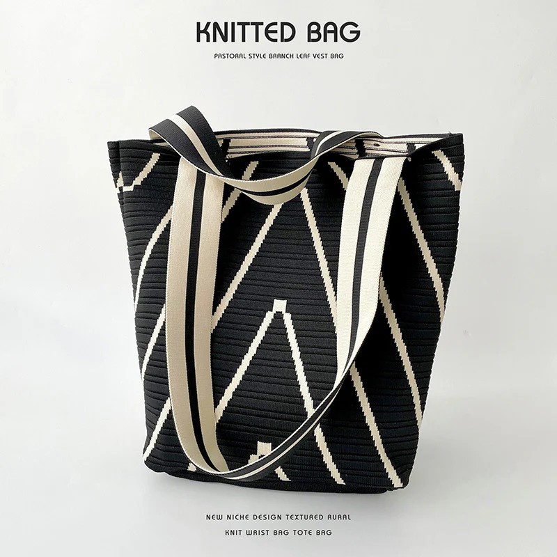 Corrugated double-face knitted shoulder bag handbag knitted bag - Image 3