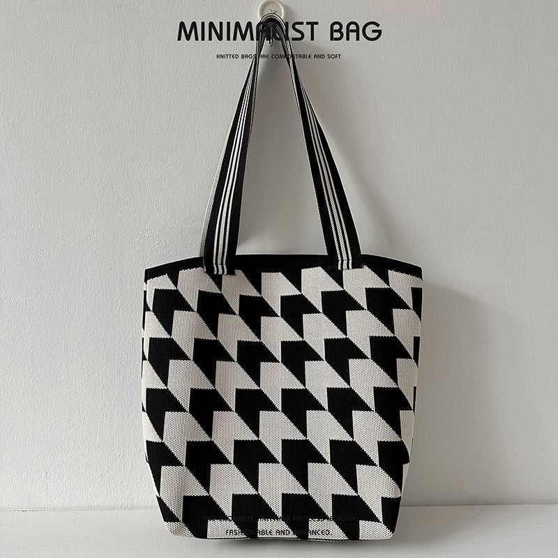 Diamond Plaid Large Capacity Shoulder Bag Knitted Handbag - Image 14