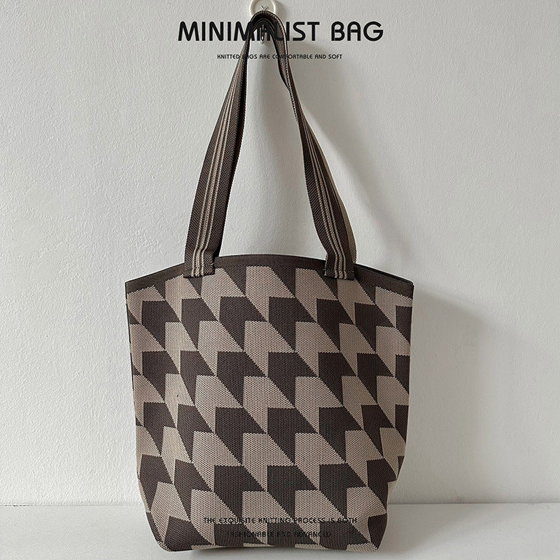 Diamond Plaid Large Capacity Shoulder Bag Knitted Handbag - Image 15
