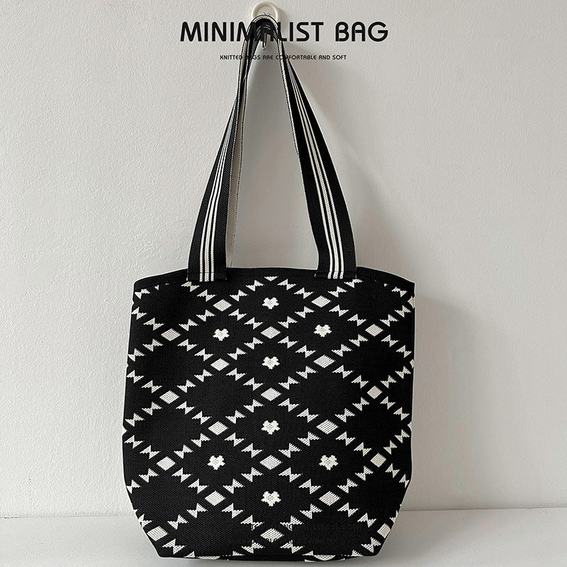 Diamond Plaid Large Capacity Shoulder Bag Knitted Handbag - Image 16
