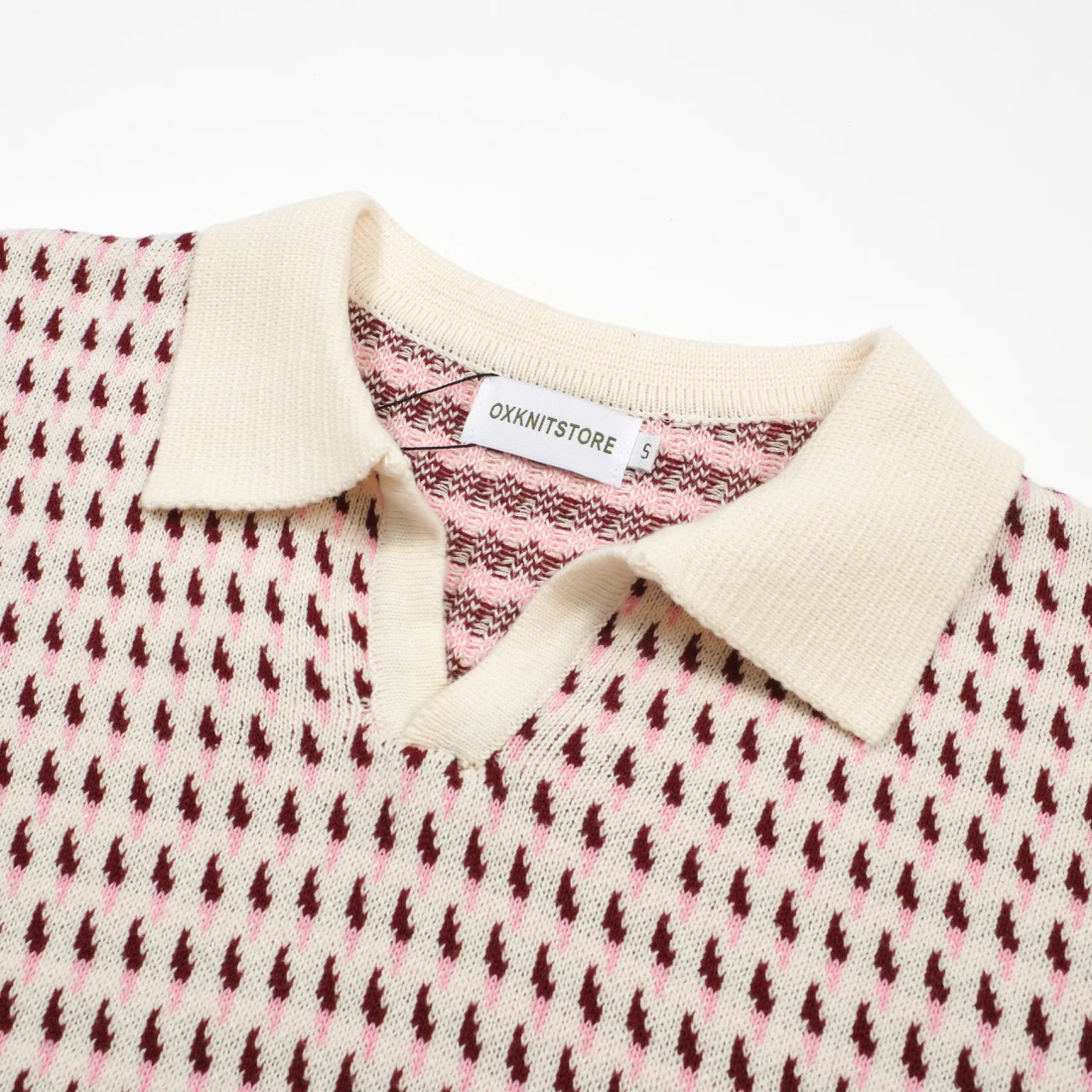 Men's 60s Cream Knit Polo Shirt – Burgundy Micro Pattern Retro Style - Image 3
