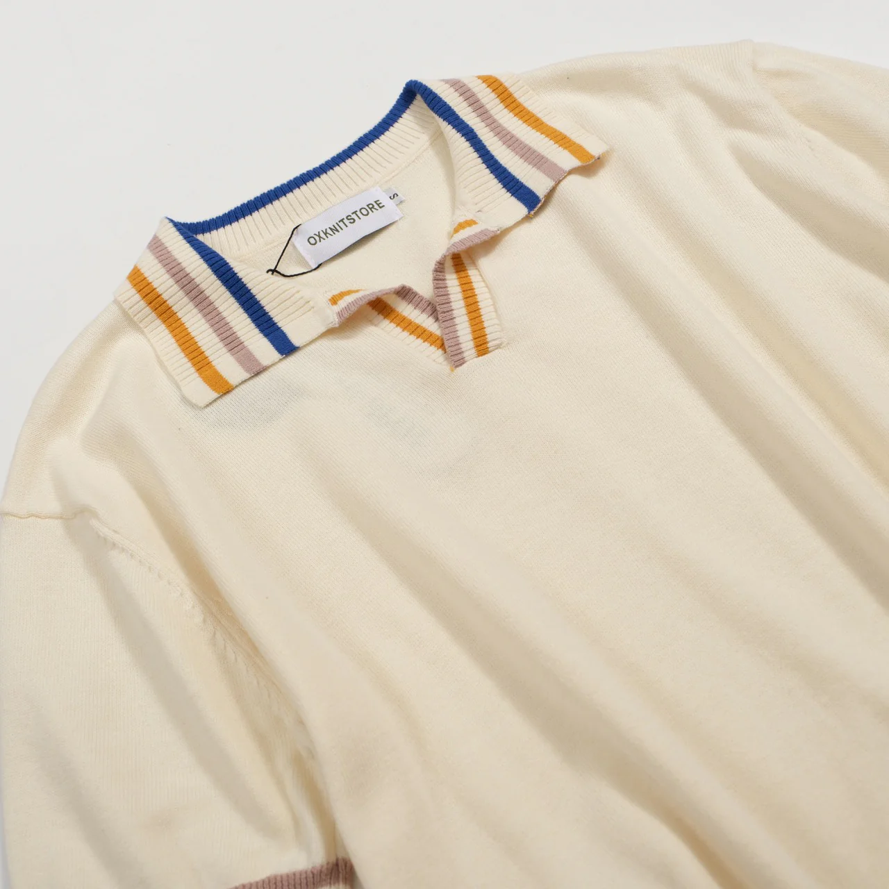 Men's 60s Mod Cream Knit Polo – Multicolor Tipped Trim - Image 10