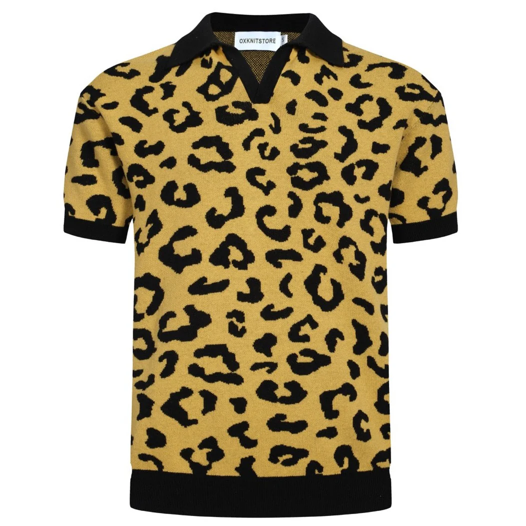 Men's 60s Leopard Print Knit Polo Shirt – Bold Yellow Retro Style