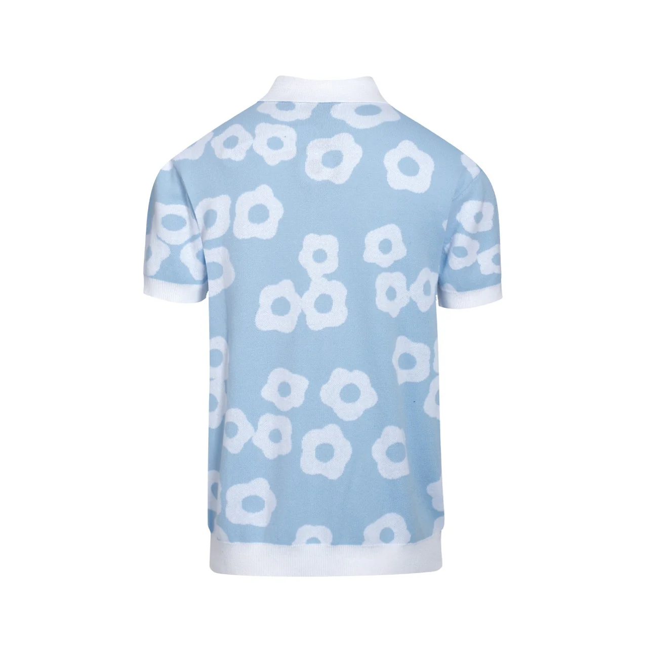 Men's 60s Light Blue Knit Polo Shirt – White Retro Floral Pattern - Image 8