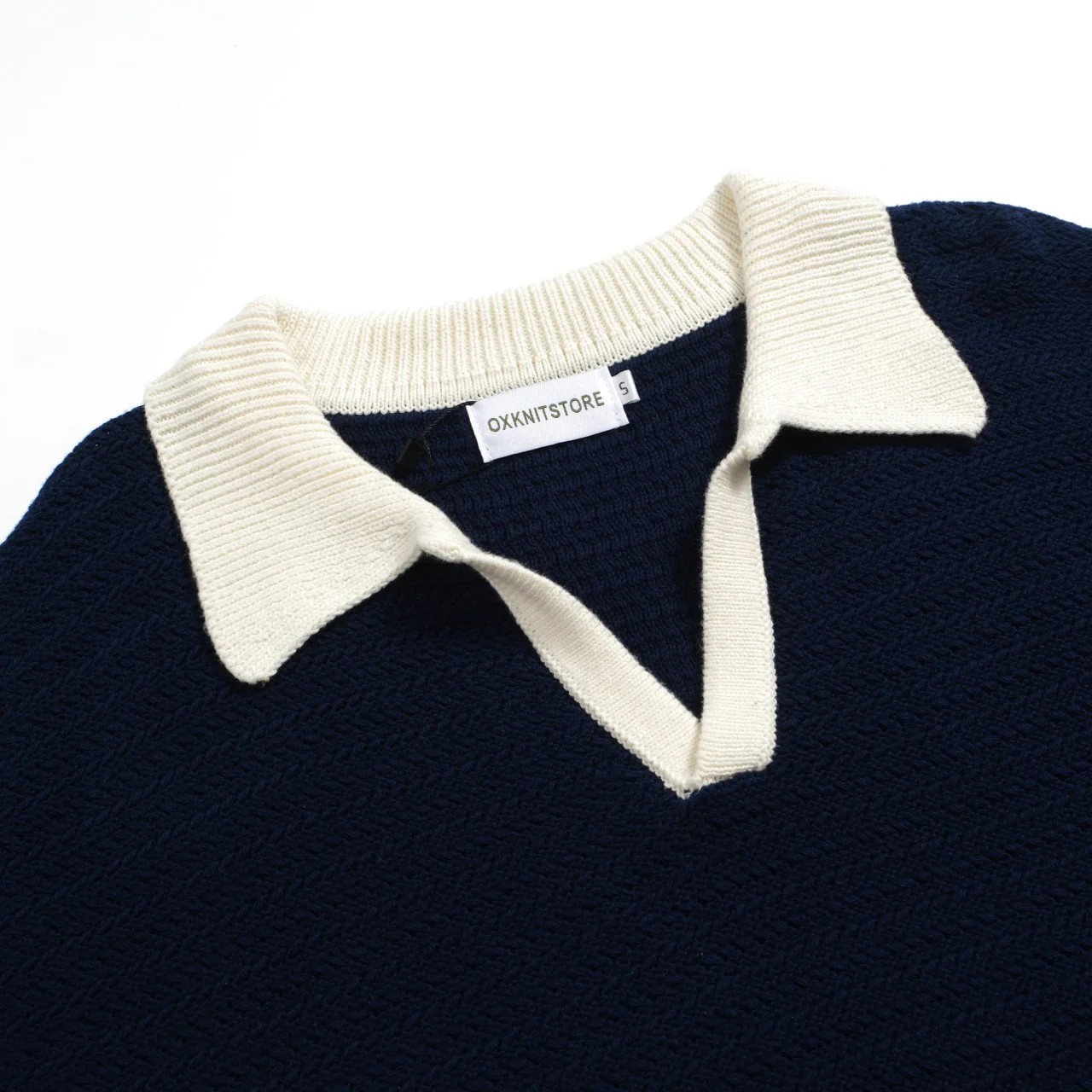 Men's 60s Navy Open Collar Polo – Mod Knit in Cream Trim - Image 3