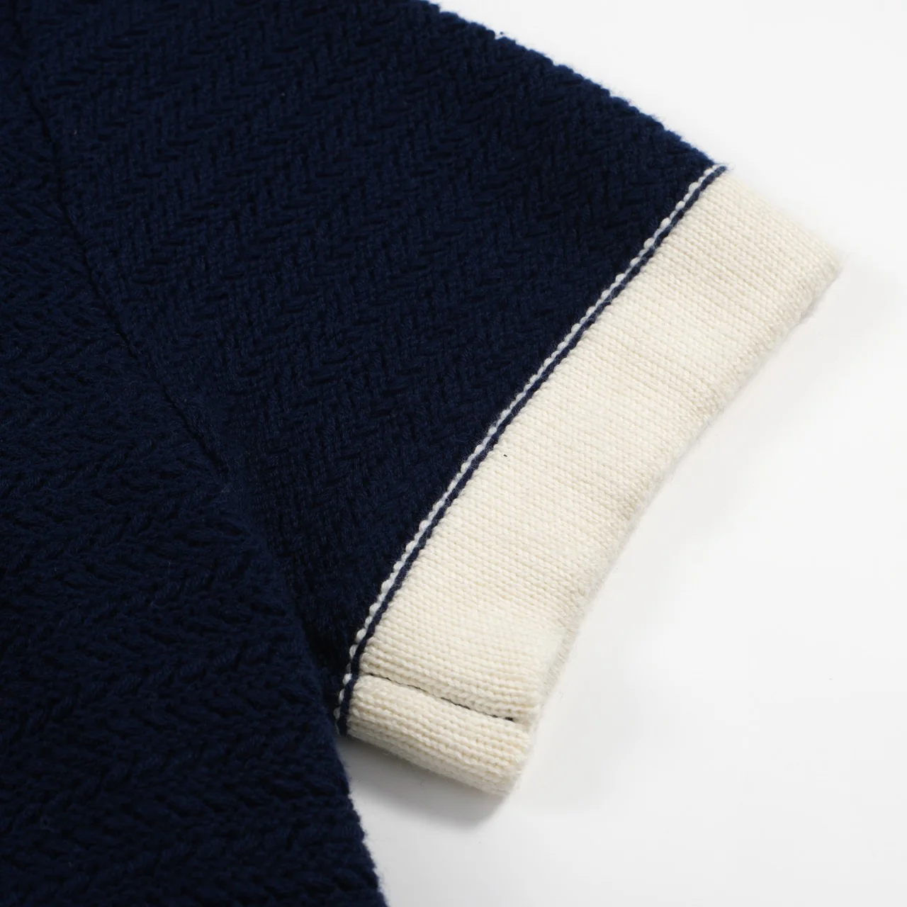 Men's 60s Navy Open Collar Polo – Mod Knit in Cream Trim - Image 4