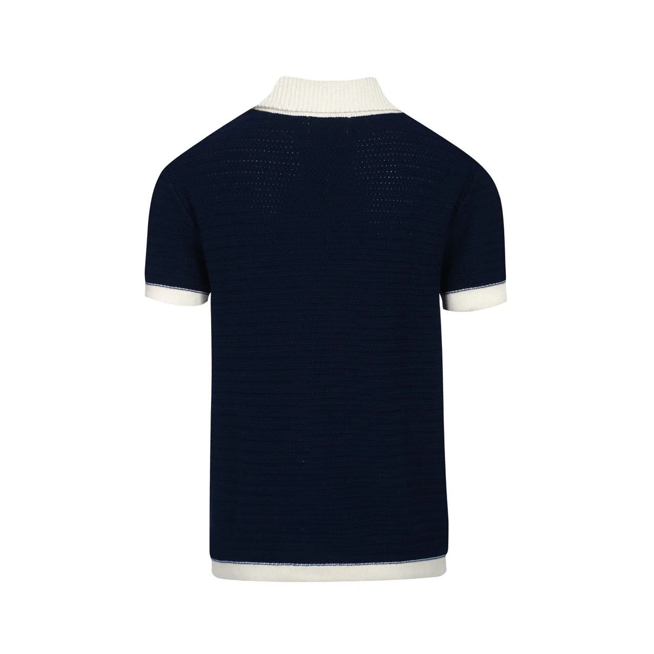 Men's 60s Navy Open Collar Polo – Mod Knit in Cream Trim - Image 7