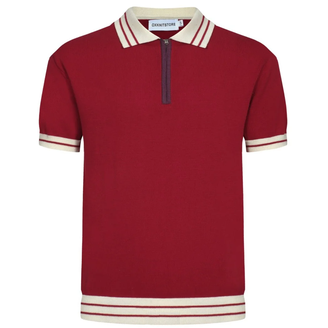 Men's 60s Mod Red Knit Zip Polo – Retro Casual Contrast Trim Shirt