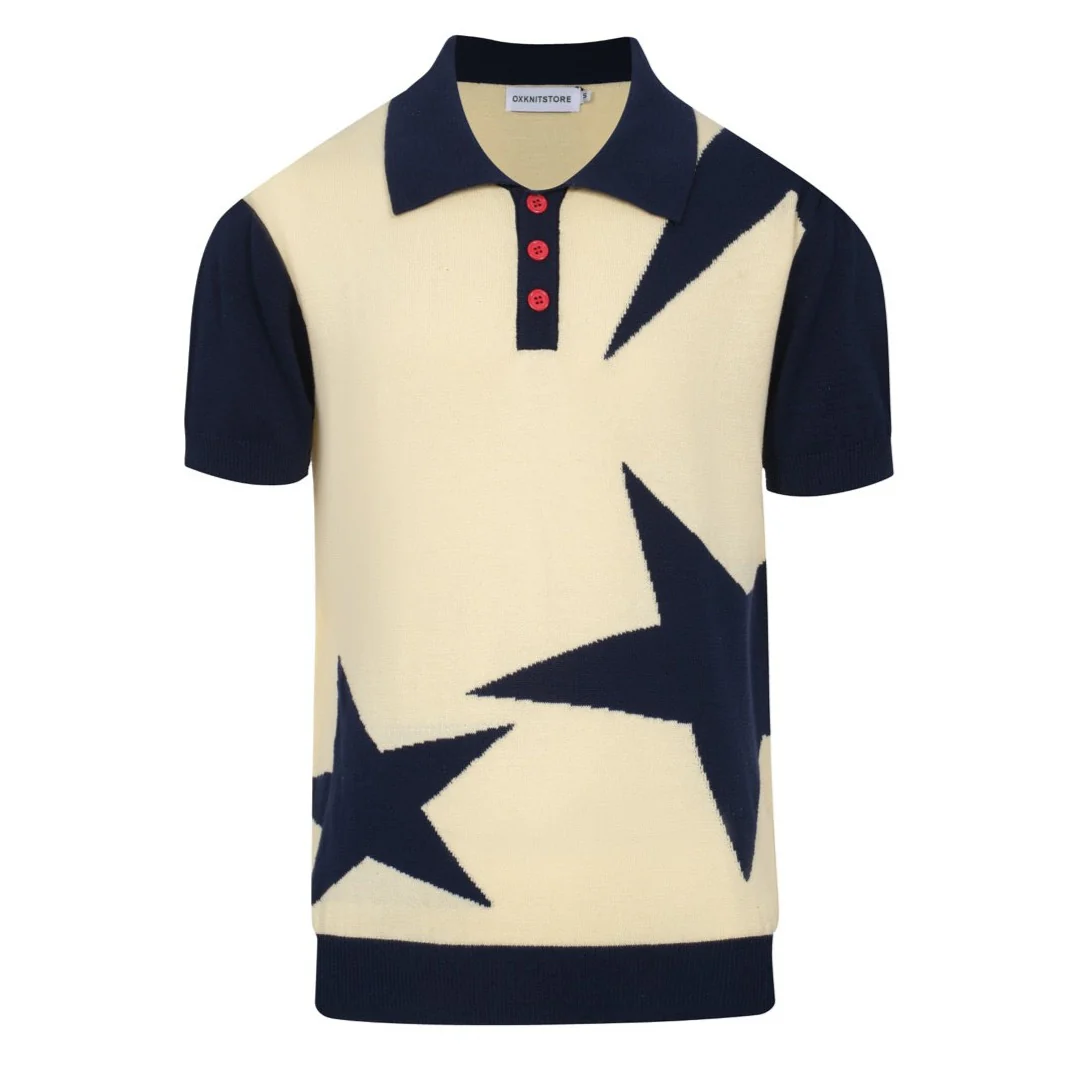 Men's 60s Star Print Knit Polo Shirt – Navy & Cream Retro Mod Style