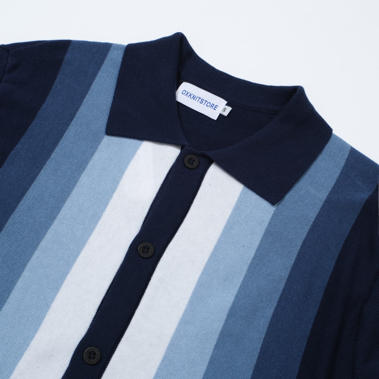 Men's 60s Vertical Stripe Knit Shirt – Navy and Sky Blue Button-Up Polo - Image 3