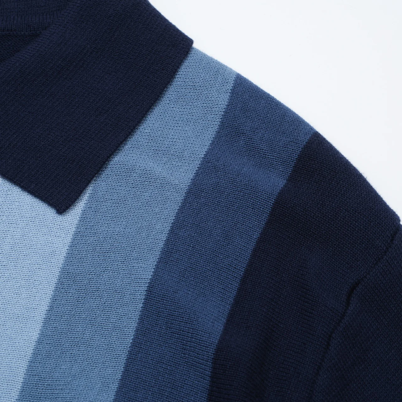 Men's 60s Vertical Stripe Knit Shirt – Navy and Sky Blue Button-Up Polo - Image 4