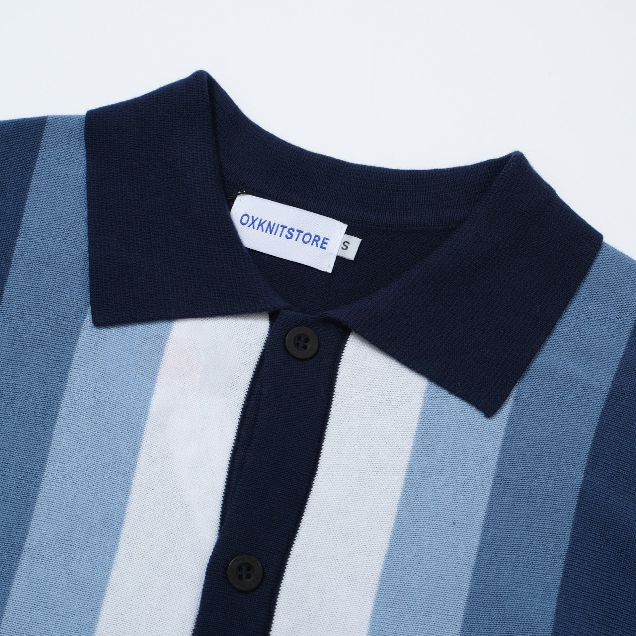 Men's 60s Vertical Stripe Knit Shirt – Navy and Sky Blue Button-Up Polo - Image 7