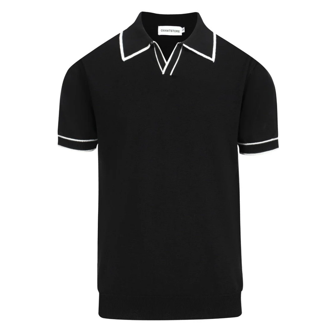 Men's 70s Black Mod Polo – Contrast Tipped Retro Knit Shirt