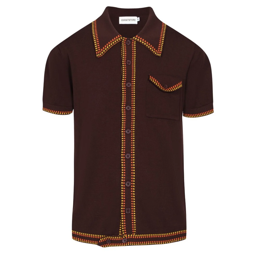 Men's 70s Mod Knit Shirt – Brown with Yellow & Red Checker Trim