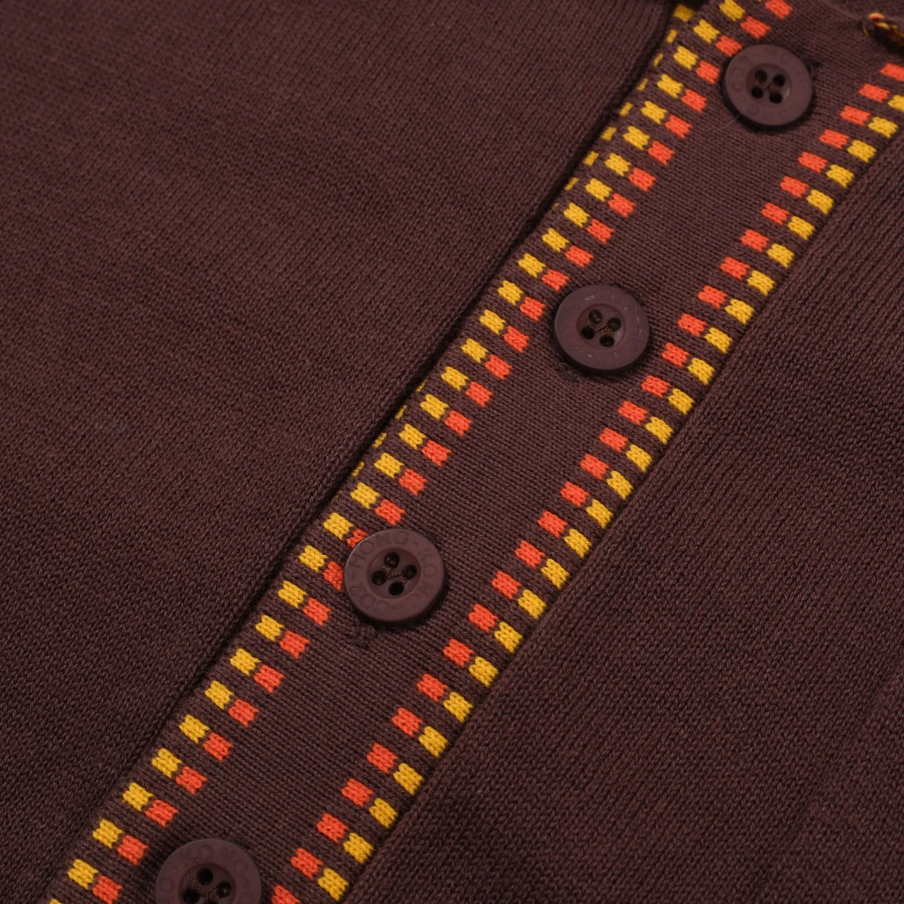 Men's 70s Mod Knit Shirt – Brown with Yellow & Red Checker Trim - Image 4