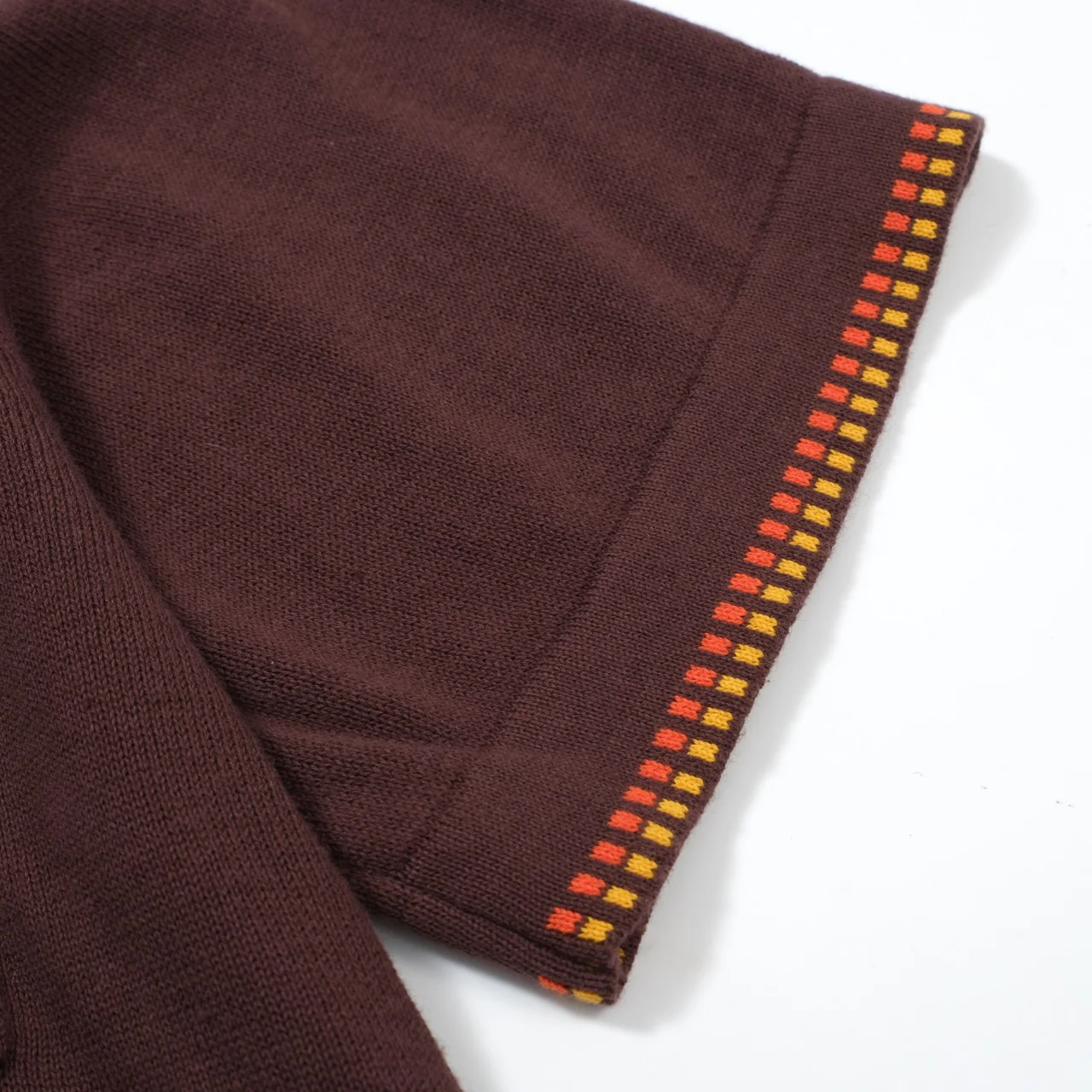 Men's 70s Mod Knit Shirt – Brown with Yellow & Red Checker Trim - Image 6