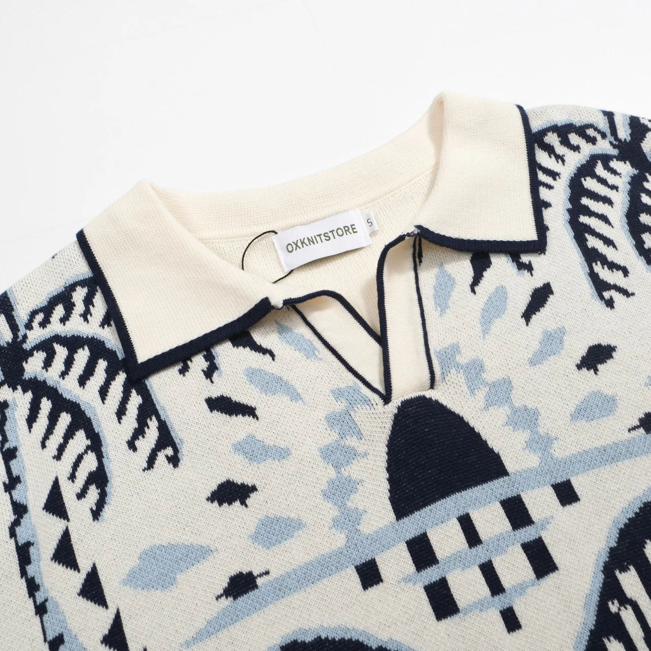 Men's 70s Knit Safari Polo – Elephant & Palm Tree Jacquard Shirt - Image 4