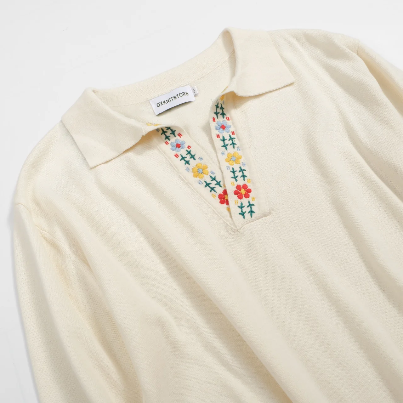 Men's 70s Embroidered Knit Pullover – Cream Retro Sweater with Floral Collar Detail - Image 4