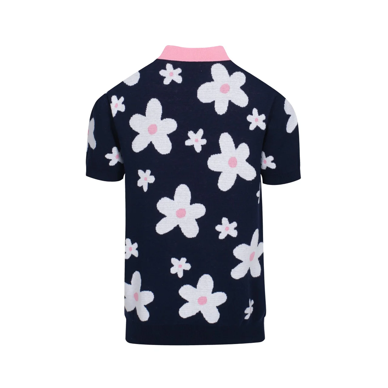 Men's 70s Navy Daisy Knit Polo – Retro Pink Collar - Image 9