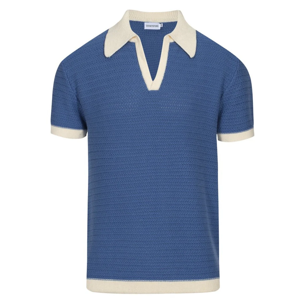 Men's 70s Knit Polo Shirt โ Wide Collar Retro Short Sleeve in Navy Blue