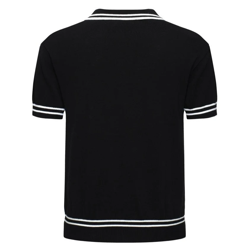 Men's Classic Black Cable Knit Polo – 60s Mod-Inspired Short Sleeve Shirt - Image 8