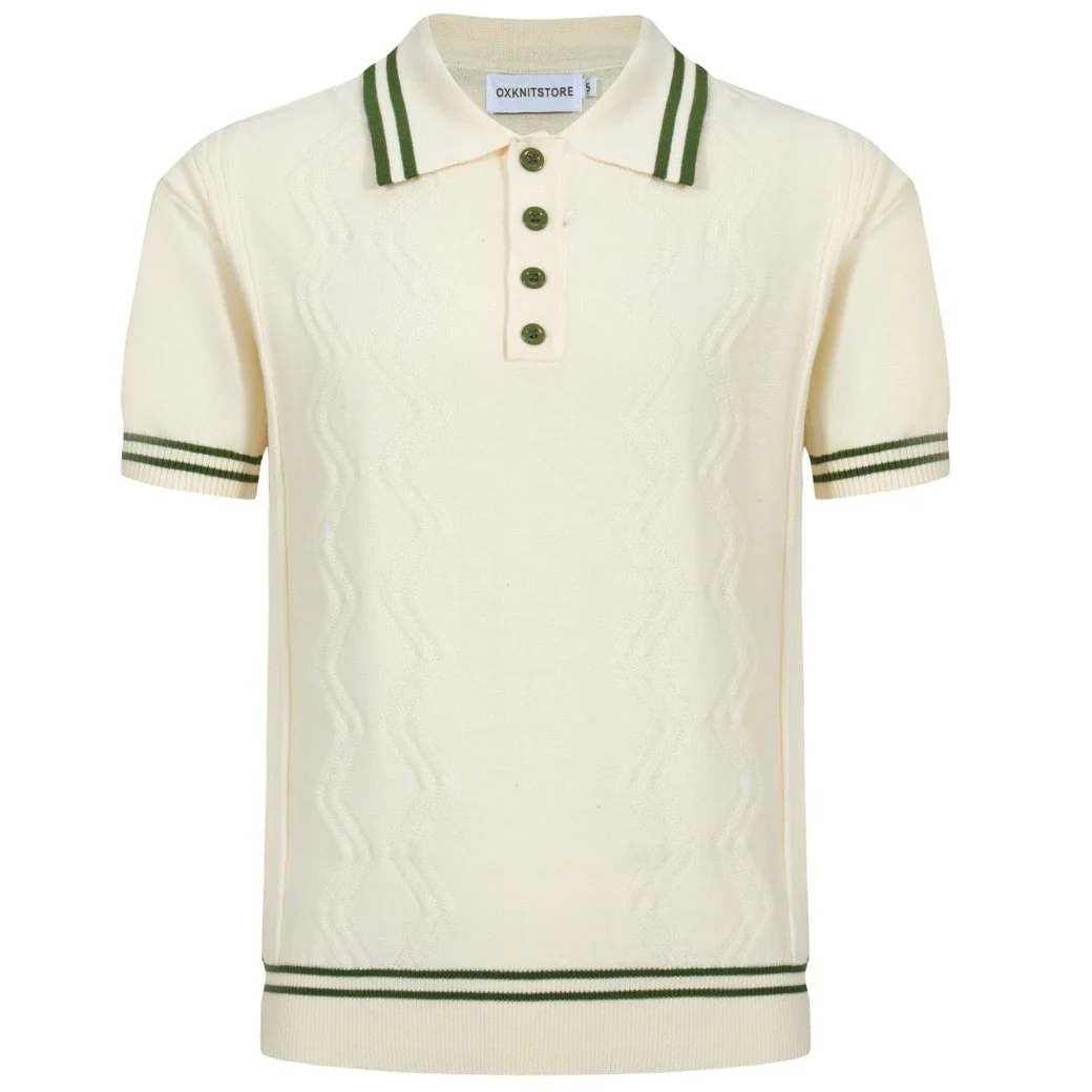 Men's Cream Knit Polo with Green Trim – 1960s Mod Vintage Style