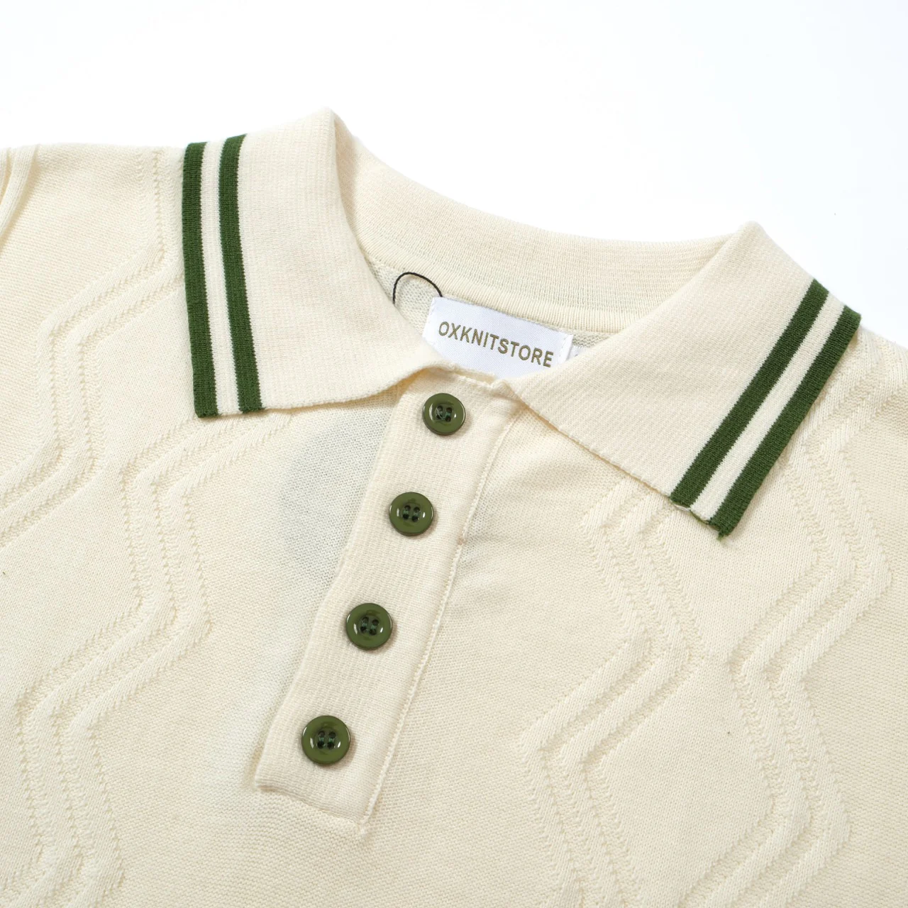 Men's Cream Knit Polo with Green Trim – 1960s Mod Vintage Style - Image 3