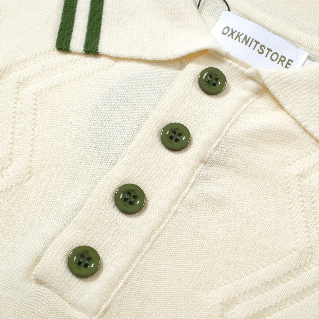 Men's Cream Knit Polo with Green Trim – 1960s Mod Vintage Style - Image 7