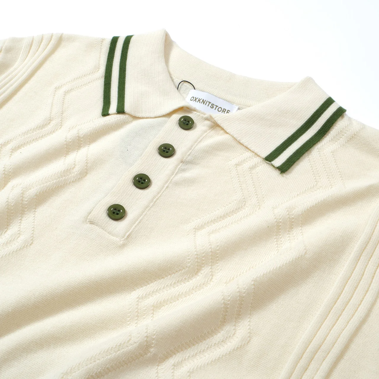 Men's Cream Knit Polo with Green Trim – 1960s Mod Vintage Style - Image 8