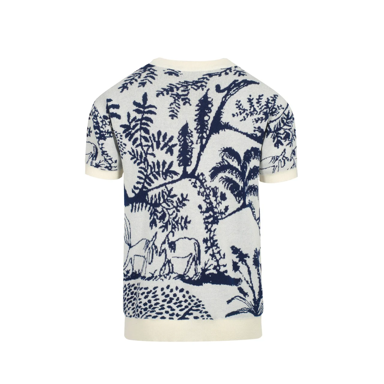Men's Scenic Pastoral Knit Tee – Blue & Cream Vintage Nature Graphic Shirt - Image 3