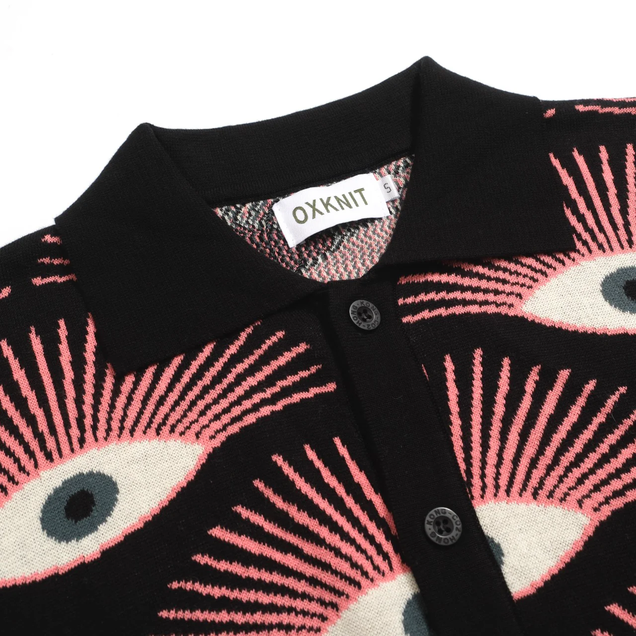 Men's Psychedelic Eye Knit Shirt – Black Button-Up with All-Seeing Graphic Print - designed by Carrie Cantwell - Image 4