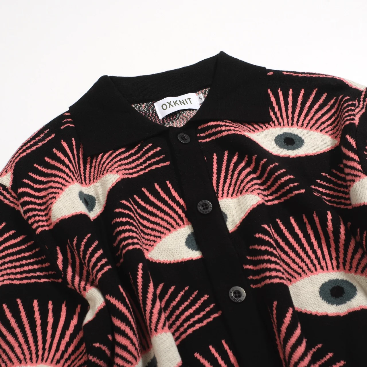 Men's Psychedelic Eye Knit Shirt – Black Button-Up with All-Seeing Graphic Print - designed by Carrie Cantwell - Image 7
