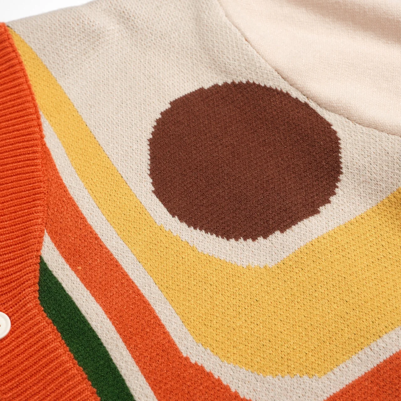 Men’s Retro 1970s Knit Cardigan – Vintage Cream with Multicolor Geometric Print - Image 5