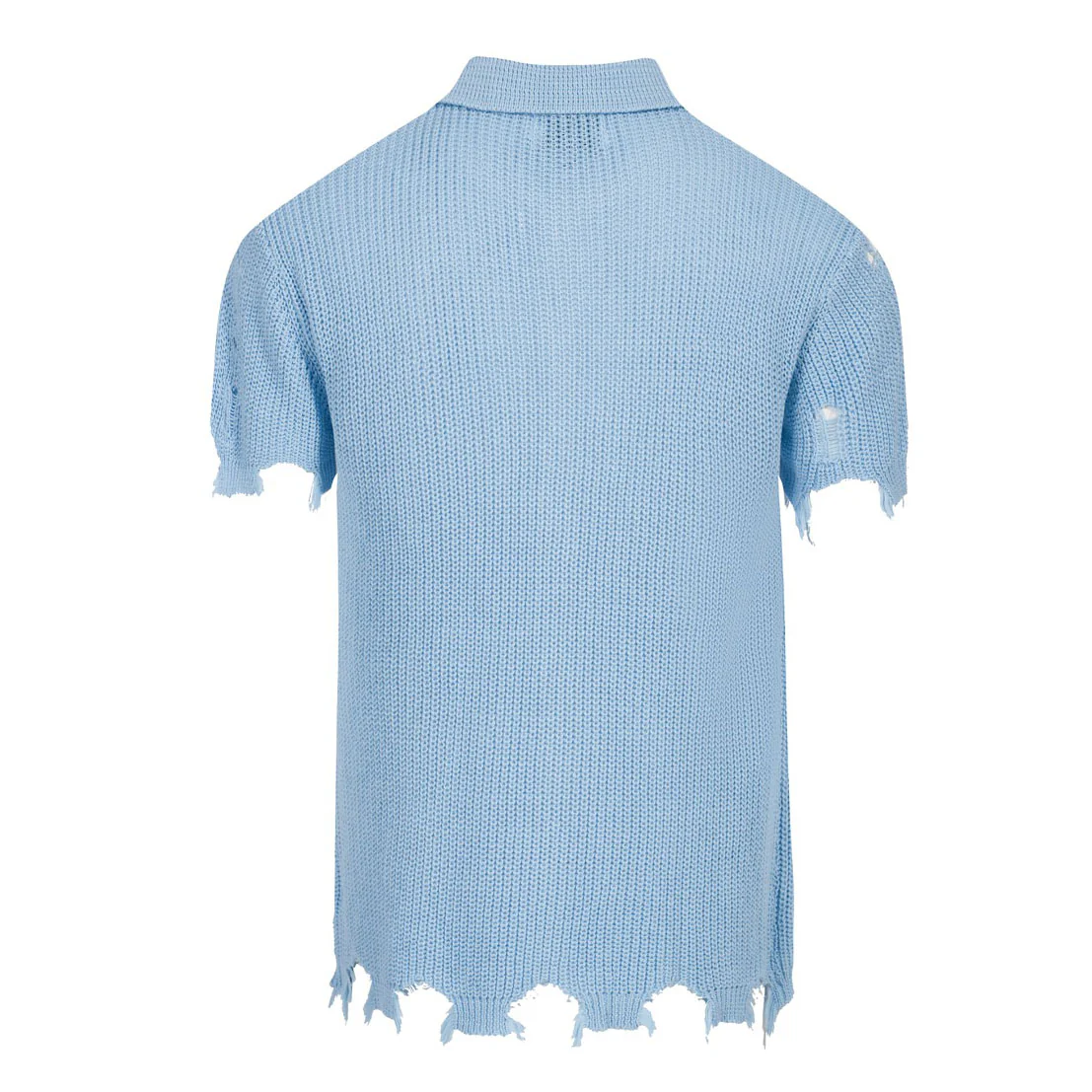 Men’s Retro Distressed Knit Shirt – Vintage Sky Blue Button-Up with Raw Edges - Image 2