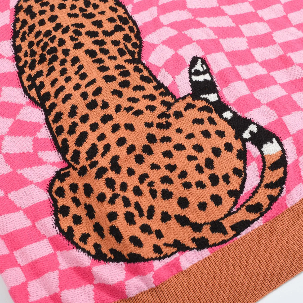Men's Retro Knit Polo – Vintage Pink Checkerboard with Leopard Graphic - Image 5