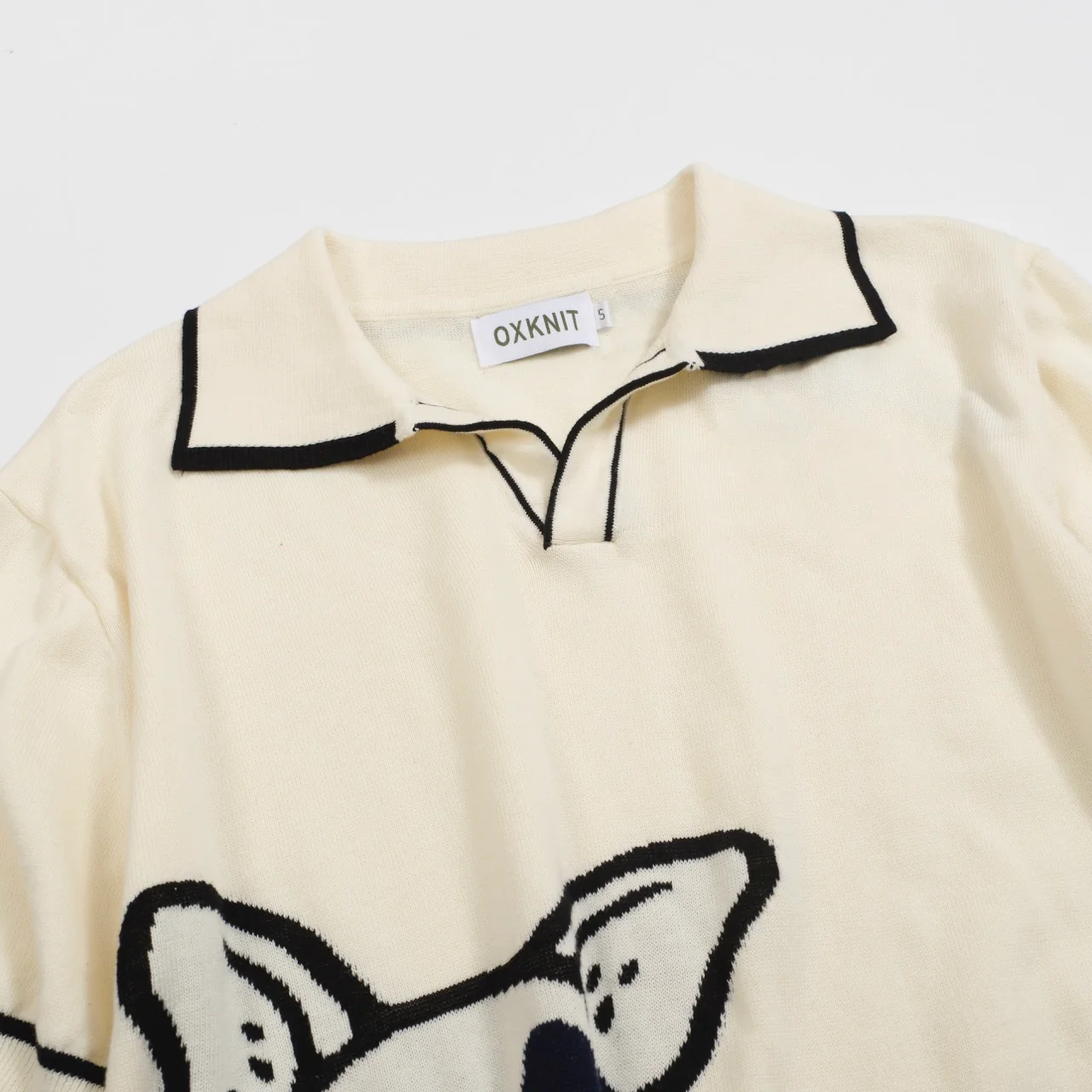 Men's Retro Knit Polo – Vintage Cream Button-Up with Bulldog Graphic - Image 8
